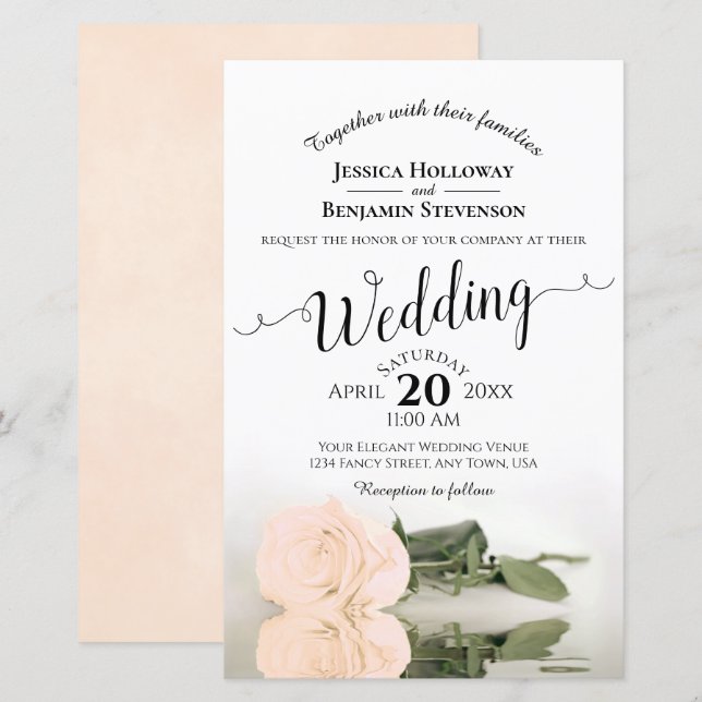 Elegantes Ivory Peach Rose HAUSHALT Hochzeit Einla (Vorne/Hinten)