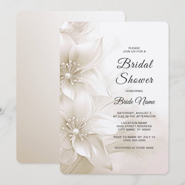 Elegantes Ivory White Blume Brautparty Einladung (Vorne/Hinten)