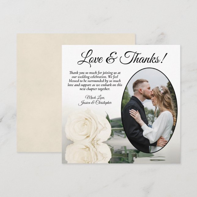 Elegantes Ivory White Rose Oval Foto Hochzeit Dankeskarte (Vorne/Hinten)