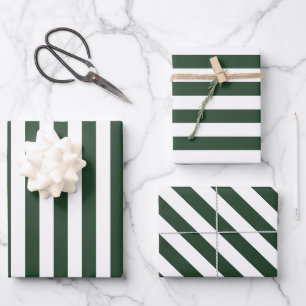Elegantes Jägergrün und weiß gestreiftes Muster Geschenkpapier Set