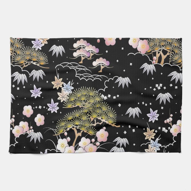 Elegantes japanisches Inspiriertes botanisches Kun Geschirrtuch (Horizontal)