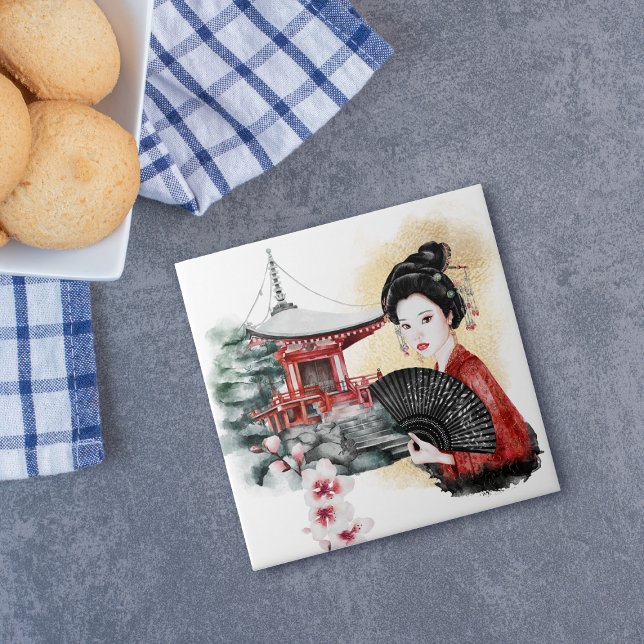 Elegantes japanisches Pagoda Geisha Girl Fliese (Von Creator hochgeladen)