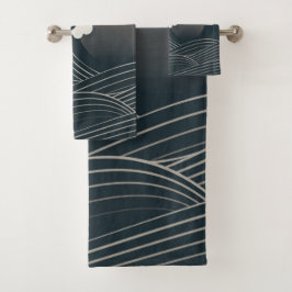 Elegantes japanisches Waves Schwarz-Weiß-Artwork| Badhandtuch Set