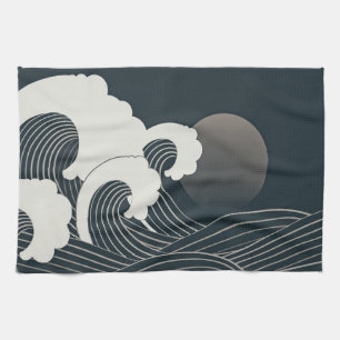 Elegantes japanisches Waves Schwarz-Weiß-Artwork  Geschirrtuch