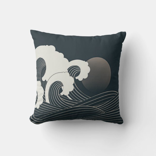 Elegantes japanisches Waves Schwarz-Weiß-Artwork| Kissen (Vorderseite)