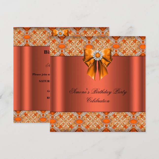 Elegantes Jeweled Orange Bow Diamonds Party Einladung (Vorne/Hinten)
