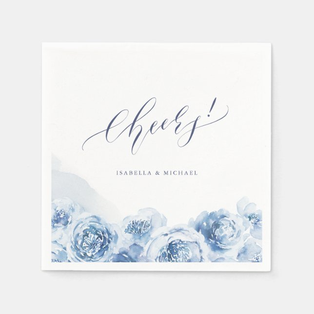 Elegantes Jubel-Skript blaue Aquarellblüte Serviette (Vorderseite)