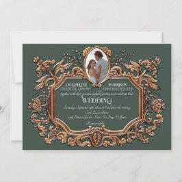 Elegantes Jugendstil-Hochzeit in Gold und Green Fo Einladung