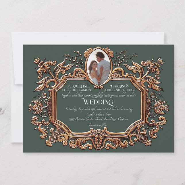 Elegantes Jugendstil-Hochzeit in Gold und Green Fo Einladung (Vorderseite)