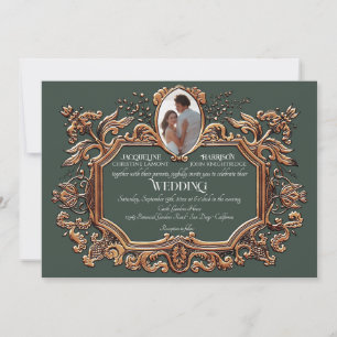 Elegantes Jugendstil-Hochzeit in Gold und Green Fo Einladung