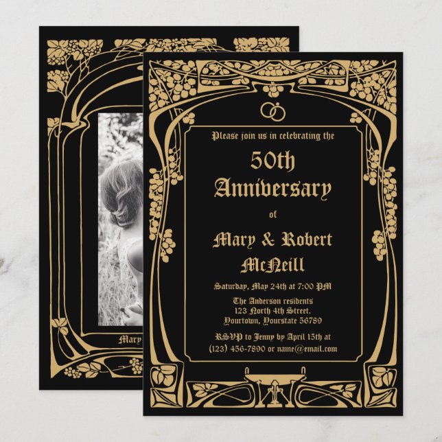 Elegantes Jugendstil-Hochzeitstag Einladung (Vorne/Hinten)