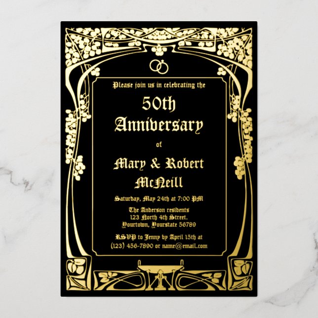 Elegantes Jugendstil-Hochzeitstag Folieneinladung (Vorderseite)
