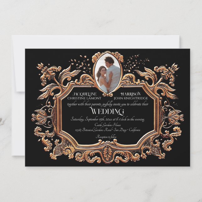 Elegantes Jugendstil Schwarz-Weiß-Foto Hochzeit Einladung (Vorderseite)