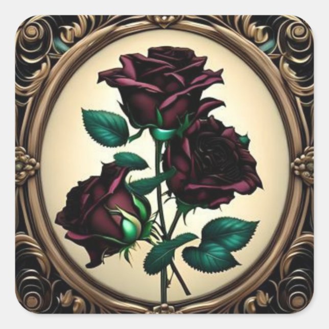 Elegantes Jugendstil Schwarze Rote Rose Design Quadratischer Aufkleber (Vorderseite)