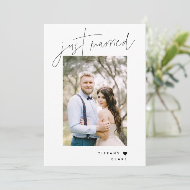 Elegantes Just Married Wedding Reception Party Fot Einladung (Stehend Vorderseite)