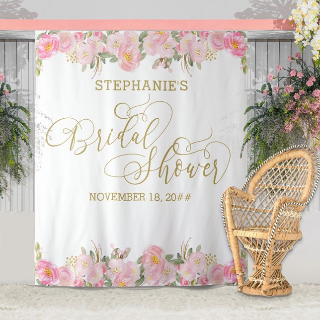 Elegantes Kalligrafie Pink Gold Floral Brautparty Wandteppich (Von Creator hochgeladen)