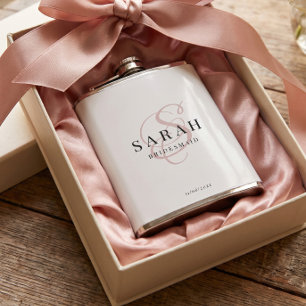 Elegantes Kalligrafie-Rosé-Monogramm-Brautjungfer- Flachmann