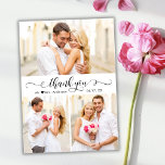 Elegantes Kalligrafie-Script 3 Foto Collage Weddin Dankeskarte<br><div class="desc">Moderne Elegante Chic Calligraphie 3 Foto Collage Wedding Dankeschön Karte. Stilvolle Hochzeit dank Karte Vorlage mit drei (3) Foto auf der Vorderseite und ein (1) Foto auf der Rückseite. Mit "Dankeschön" Text in einer Wirblen Hand mit Buchstaben Kalligraphie oder Typografie Swash Schwanz Schriftart Skript in schwarz auf weißem Hintergrund. Kleine...</div>