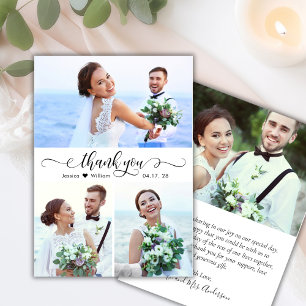 Elegantes Kalligrafie-Script 3 Foto Collage Weddin Dankeskarte