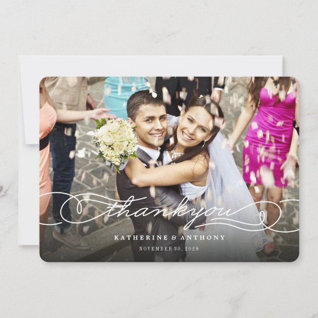 Elegantes Kalligrafie-Skript Stilvolle Foto-Hochze Dankeskarte (Vorderseite)