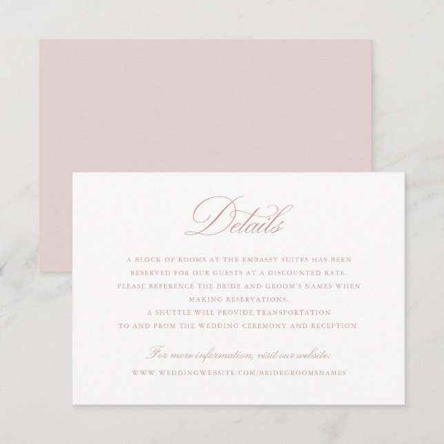 Elegantes Kalligrafie-Skriptblush-Hochzeitdetails Einladung (Vorne/Hinten)