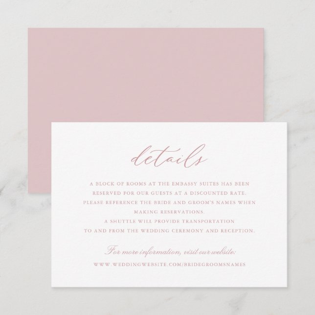 Elegantes Kalligrafie-Skriptblush-Hochzeitdetails Einladung (Vorne/Hinten)