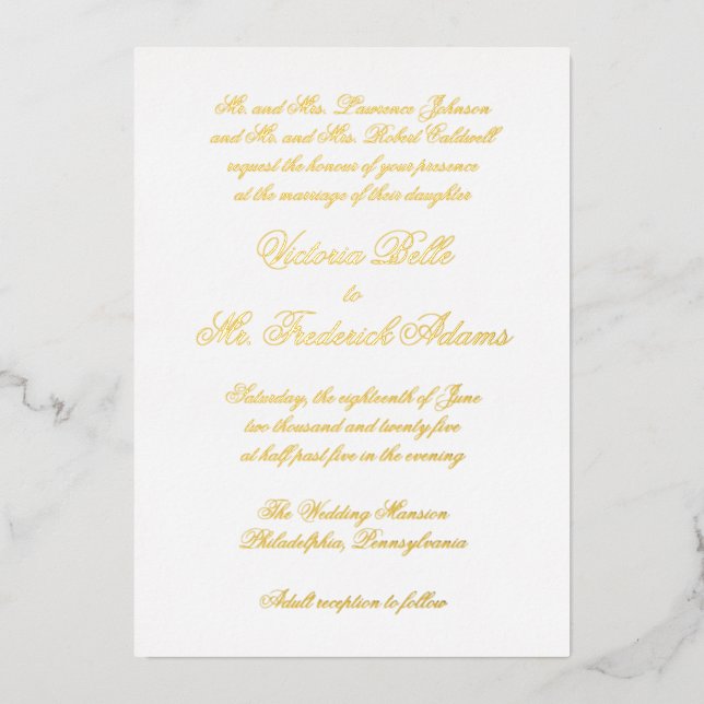 Elegantes kalligrafisches Formal Wedding Gold Folieneinladung (Vorderseite)