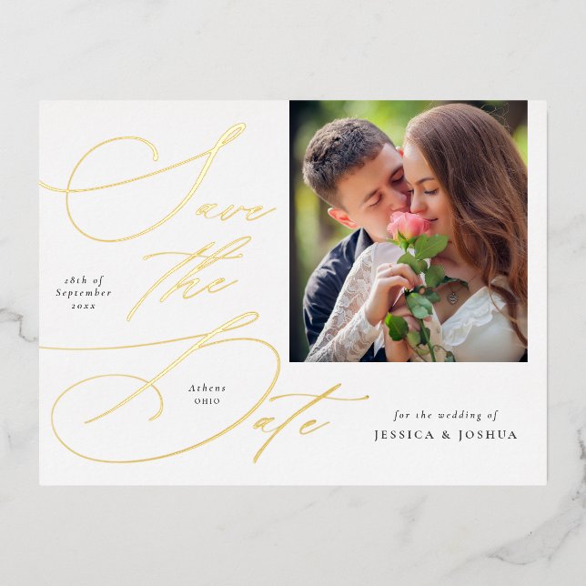 Elegantes Kalligrafisches Foto Save the Date Gold Folie Einladungspostkarte (Vorderseite)