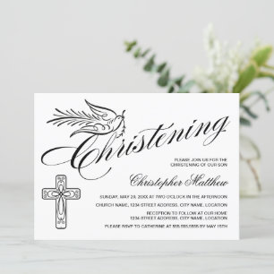 Elegantes Kalligrafisches Kreuz und Taubenweihen Einladung