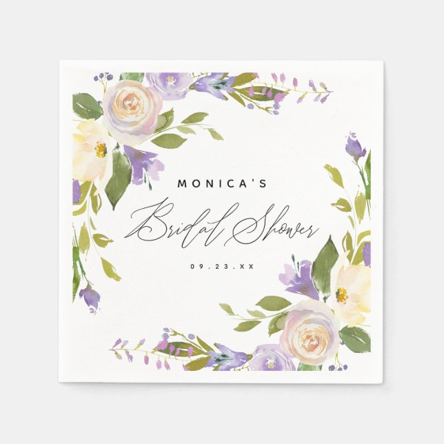 Elegantes Kalligrafisches Lila florales Brautparty Serviette (Vorderseite)