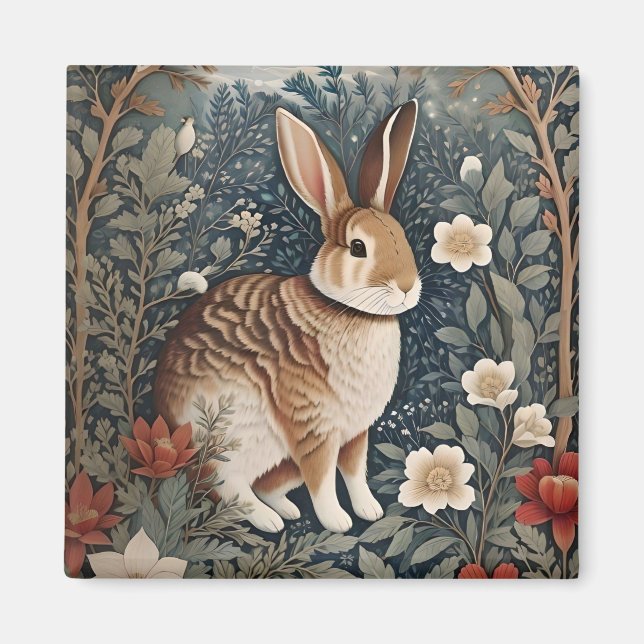 Elegantes Kaninchen Gerahmt von Blume und Blätter Magnet (Vorne)