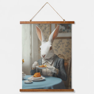 Elegantes Kaninchen zur Teezeit Wandteppich Mit Holzrahmen