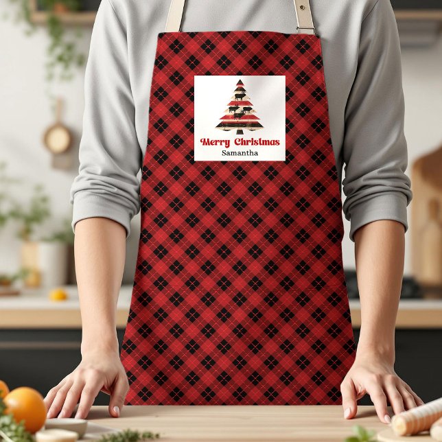 Elegantes kariertes Büffel-Karo-Baum personalisier Schürze (Elegant Checkered Buffalo Plaid Tree Personalized Apron)