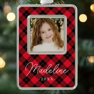 Elegantes Kariertes Foto in Rot und Schwarz Rahmen-Ornament Silber