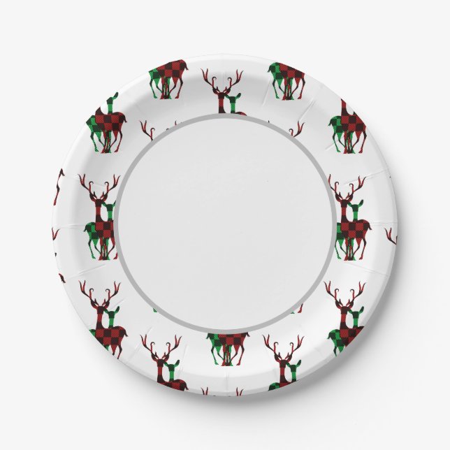 Elegantes Kariertes Rentier-Paar Red & Green Buffa Pappteller (Vorderseite)