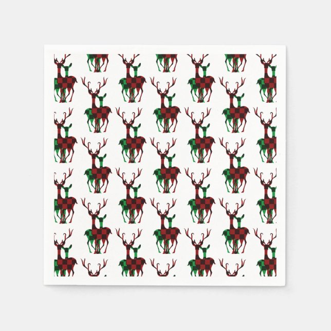 Elegantes Kariertes Rentier-Paar Red & Green Buffa Serviette (Vorderseite)