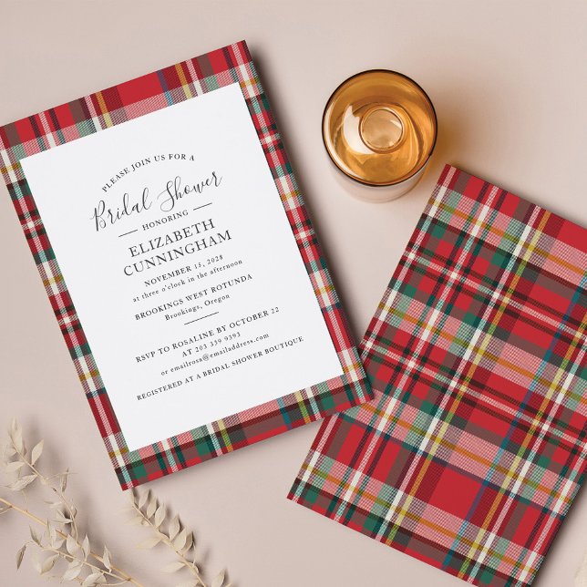 Elegantes Kariertes rustikales Script-Brautparty Einladung (Plaid Red Check Bridal Shower Invitation)
