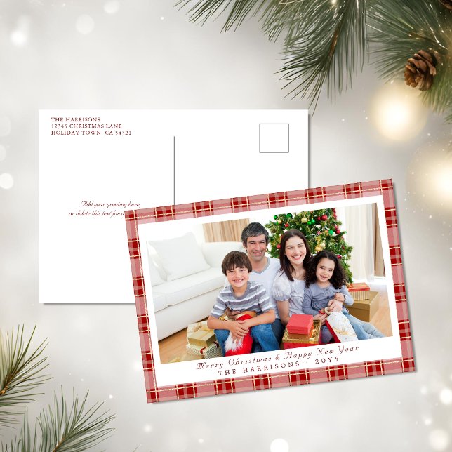Elegantes Kariertes Weihnachtsfest Foto Postkarte (Elegant Red Plaid Christmas Photo Postcard)