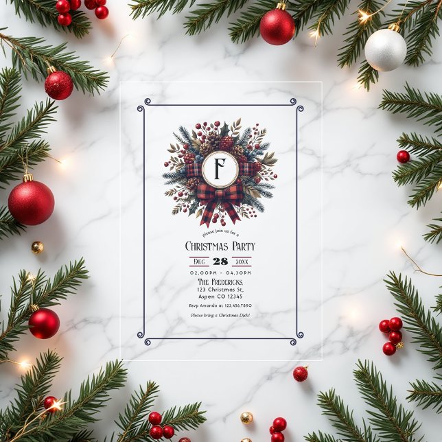 Elegantes Kariertes Wreath Vintage Weihnachts-Part (Elegant Plaid Wreath Vintage Christmas Party Vellum Invitation)