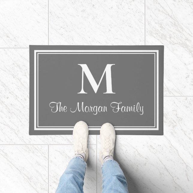 Elegantes Karkohle Gray-Doppelgrenzenmonogramm Fußmatte (Indoor)