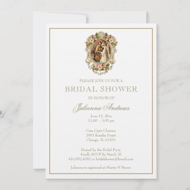 Elegantes katholisches Brautparty Gold Floral Einladung (Vorderseite)