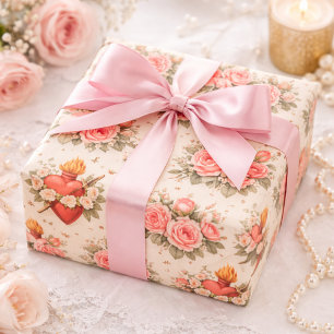 Elegantes Katholisches Herz Mariä rosa Rosen Geschenkpapier