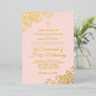 Elegantes katholisches Hochzeitrosa und Gold Folieneinladung