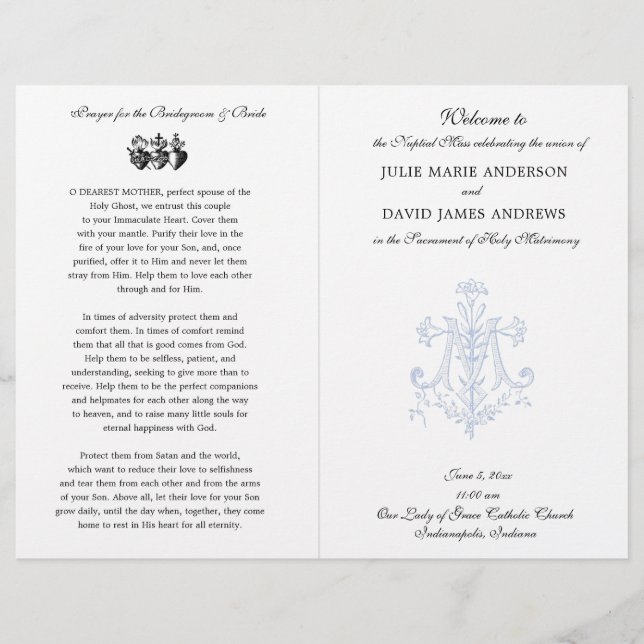 Elegantes katholisches Mass-Hochzeitsprogramm (Vorderseite)