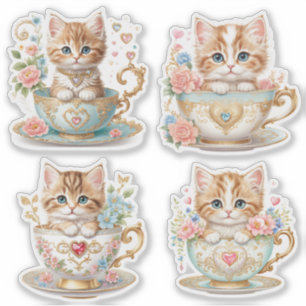 Elegantes Kätzchen in Teetasse Aufkleber - Florale