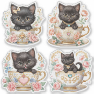 Elegantes Kätzchen in Teetassen-Aufklebern - Flora Aufkleber