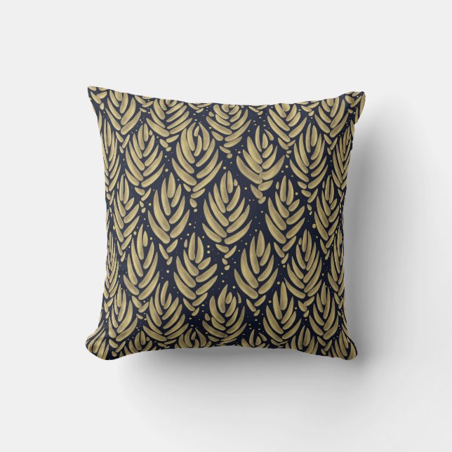 Elegantes Kissen mit goldenem Blatt und marineblau (Vorderseite)