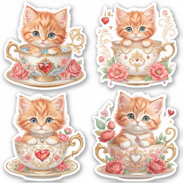 Elegantes Kitten in Teacup Stickers - Blumendesign Aufkleber (Vorderseite)