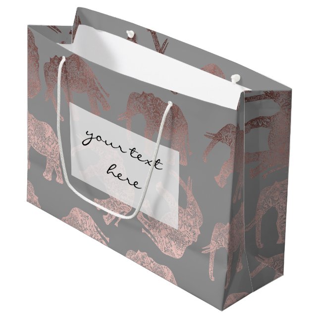 Elegantes, klares Rose-Goldstamm-Elefantenmuster Große Geschenktüte (Vorderseite Schrägansicht)