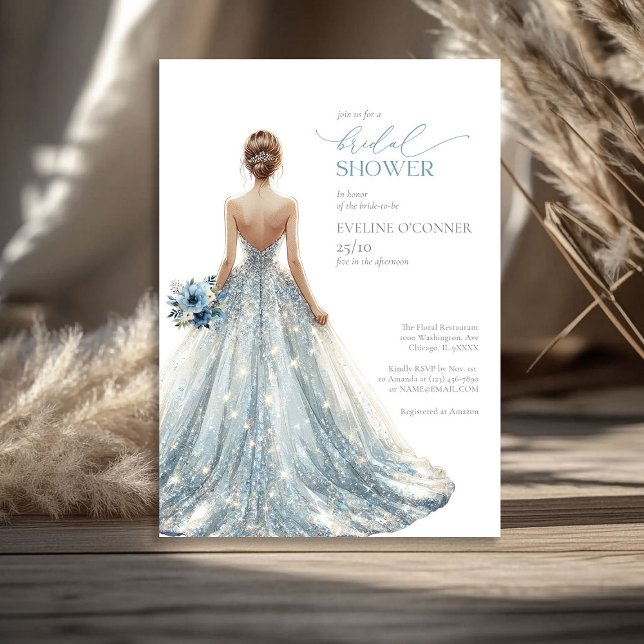 Elegantes klassisches Blau Glitzern Hochzeitskleid Einladung (Elegant classic blue sparkles wedding gown floral invitation)